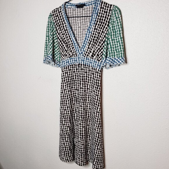 BCBG Max Azria Sz S Polka Dot Colorblock Flowy Knee Length Dress - Picture 2 of 8